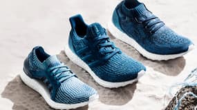 Adidas a fabriqué ces chaussures avec des déchets plastiques repêchés dans la mer en partenariat avec l’ONG Parley for the Oceans.