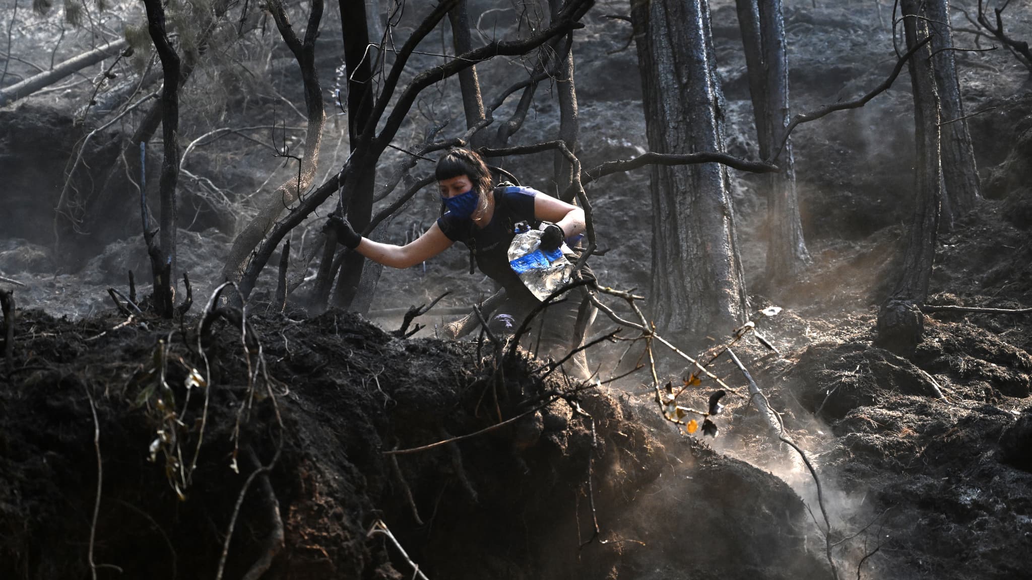 Une femme éteint un feu de forêt à Bogota le 25 janvier 2024. 