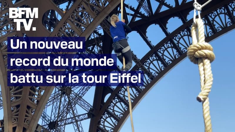 L'athlète Anouk Garnier bat un record du monde en grimpant à la corde jusqu'au deuxième étage de la tour Eiffel