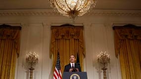 Discours du président américain Barack Obama sur la Libye à la Maison blanche. La France, les Etats-Unis et le Royaume Uni, ainsi que des pays arabes, ont adressé vendredi soir un ultimatum à Mouammar Kadhafi lui demandant de mettre fin immédiatement à se