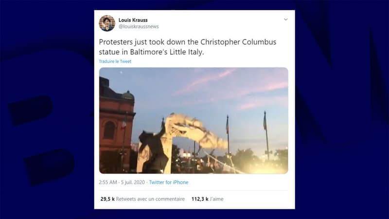 États-Unis: une statue de Christophe Colomb déboulonnée à Baltimore