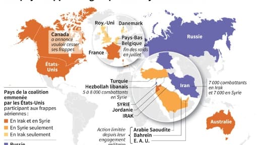 Les pays frappant le groupe EI en Syrie et en Irak Les pays frappant le groupe EI en Syrie et en Irak