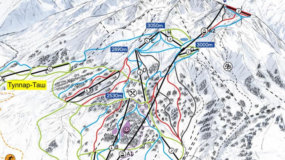 Le plan des pistes skiables et des remontées mécaniques de la future station de Jyrgalan, l'une des trois stations du domaine skiable des "Trois Sommets" au Kirghizistan.