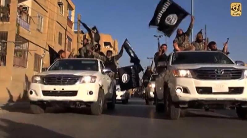 Des combattants de Daesh paradent en juillet 2014 dans la ville de Raqqa, en Syrie, après l'avoir prise. (Images de propagande)