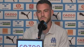 Jordan Veretout lors de sa conférence de presse de présentation à l'OM, le 5 août 2022