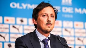 Le président de l'OM Pablo Longoria lors de la présentation d'une recrue à la presse, août 2024