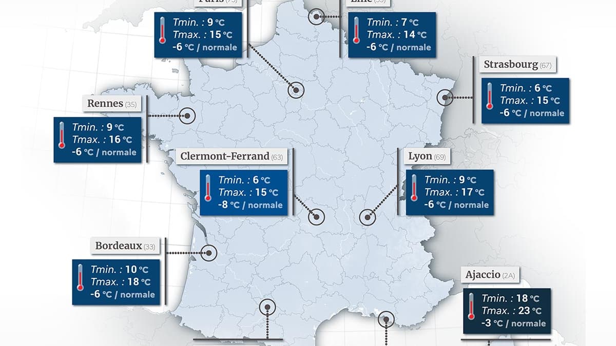 Les températures prévues par Météo France, ce jeudi 12 septembre. Les températures prévues par Météo France, ce jeudi 12 septembre.