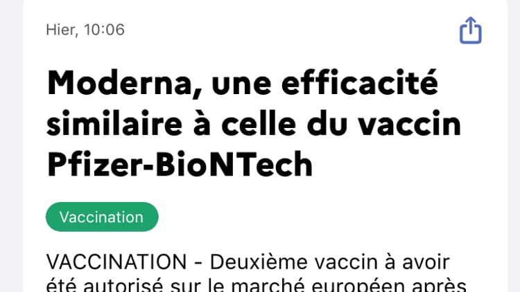 Un message vantant l'efficacité du vaccin Moderna publié au sein de l'application #TousAntiCovid, le 11 avril 2021.