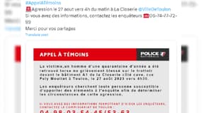 La police nationale de Toulon a lancé un appel à témoins après la découverte d'un homme grièvement blessé le 27 août dernier. 