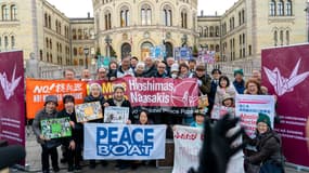 Manifestation d'activistes opposés aux armes nucléaires à Oslo le 9 décembre 2024 pour la remise du prix Nobel de la paix