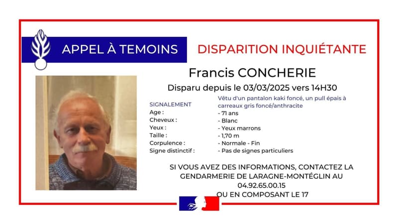 Francis Concherie a disparu depuis le lundi 3 mars 2025 en début d'après-midi, dans les Hautes-Alpes.
