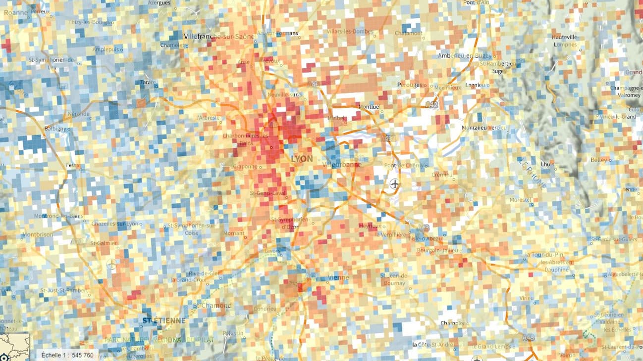 La carte du niveau de vie dans la Métropole de Lyon (en rouge, les niveaux de vie les plus élevés, en bleu, les plus faibles)