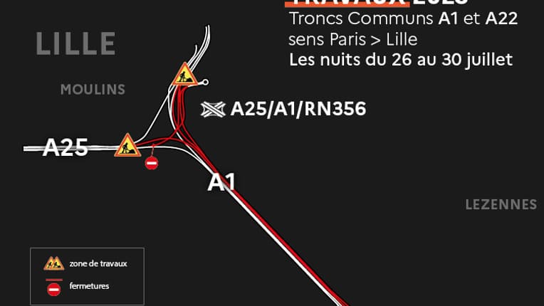 Carte des travaux sur l'A1, prévus les nuits du 26 au 30 juillet 2023.