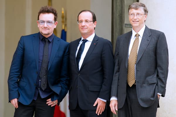 François Hollande entouré de Bono et Bill Gates