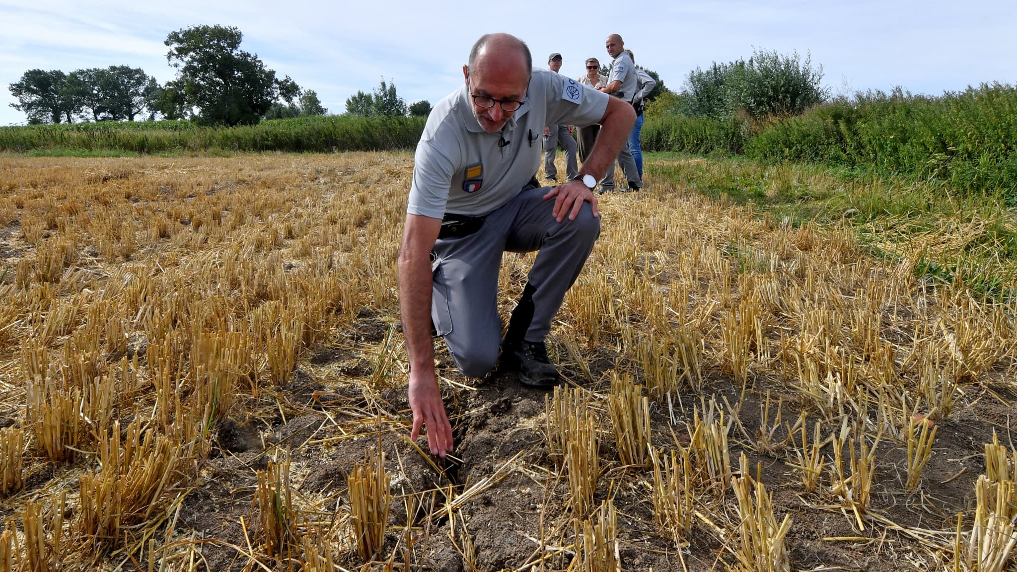 Un membre de l'Office français pour la biodiversité inspecte un champ asséché par le manque de pluies, le 2 août 2022 Un membre de l'Office français pour la biodiversité inspecte un champ asséché par le manque de pluies, le 2 août 2022