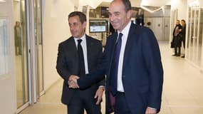 Nicolas Sarkozy et Jean-François Copé au siège de l'UMP fin 2014 après l'élection du premier au poste de président du parti.