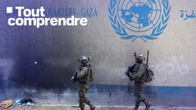 Des soldats israéliens marchent devant le siège de l'Unrwa à Gaza city, le 8 février 2024