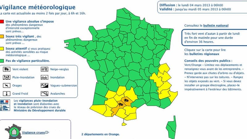 Les départements du Tarn et de la HauteGaronne placés en vigilance orange lundi 4 mars 2013 par Météo France