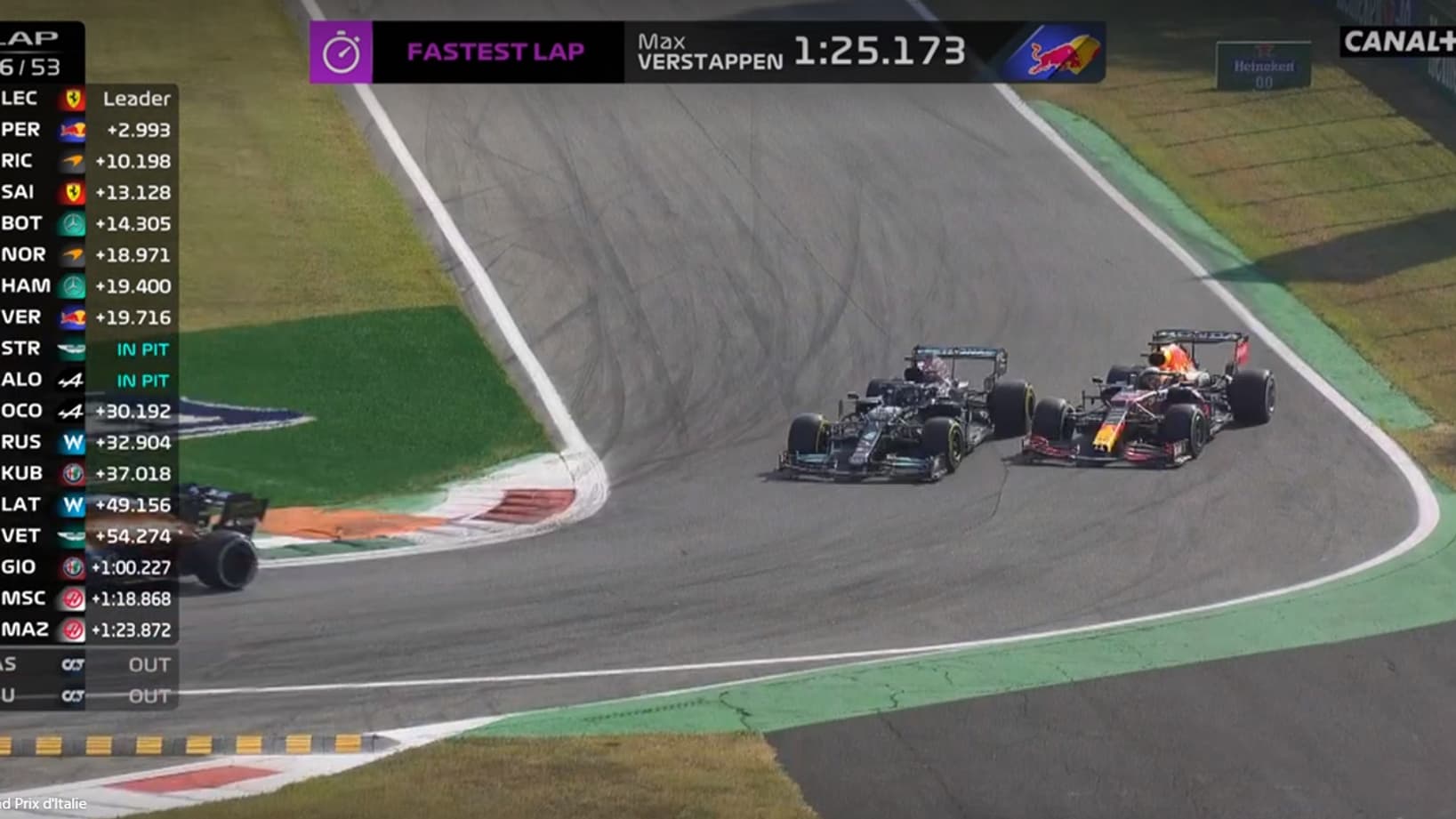 Le premier virage avant le crash entre Verstappen et Hamilton