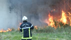 Un pompier devant des arbres en feu jeudi 20 avril en Gironde