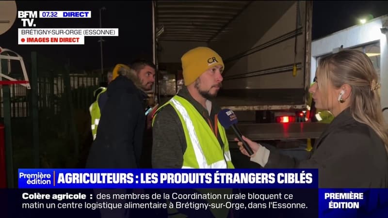 Dans l'Essonne, des agriculteurs de la Coordination rurale inspectent les camions qui pourraient contenir des produits étrangers