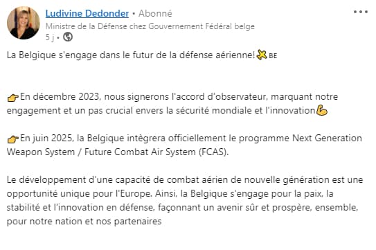 Le message sur le Scaf publié sur LinkedIn par Ludivine Dedonder, ministre belge de la Défense.