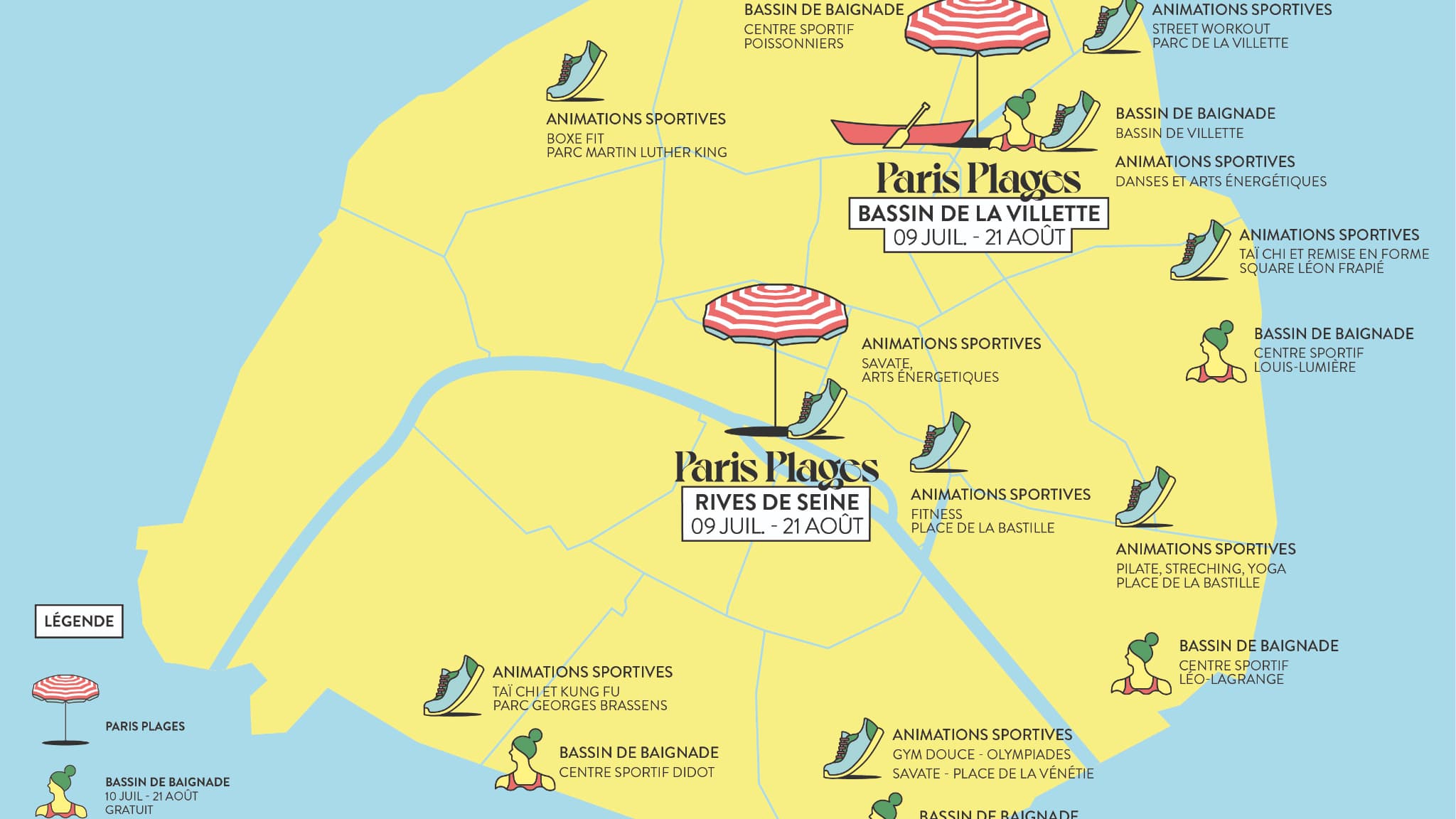 Les différents sites d'animations de Paris Plages 2022