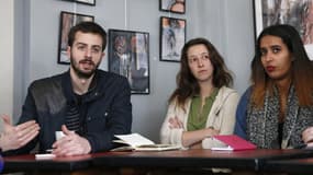 Le président de l'Unef William Martinet, Lea Caillere-Falgueyrac, membre des Jeunes Ecolos et Samya Mokhtar, la présidente de l'Union nationale lycéenne (UNL), lors d'une conférence de presse à Paris, le 15 mars 2016.