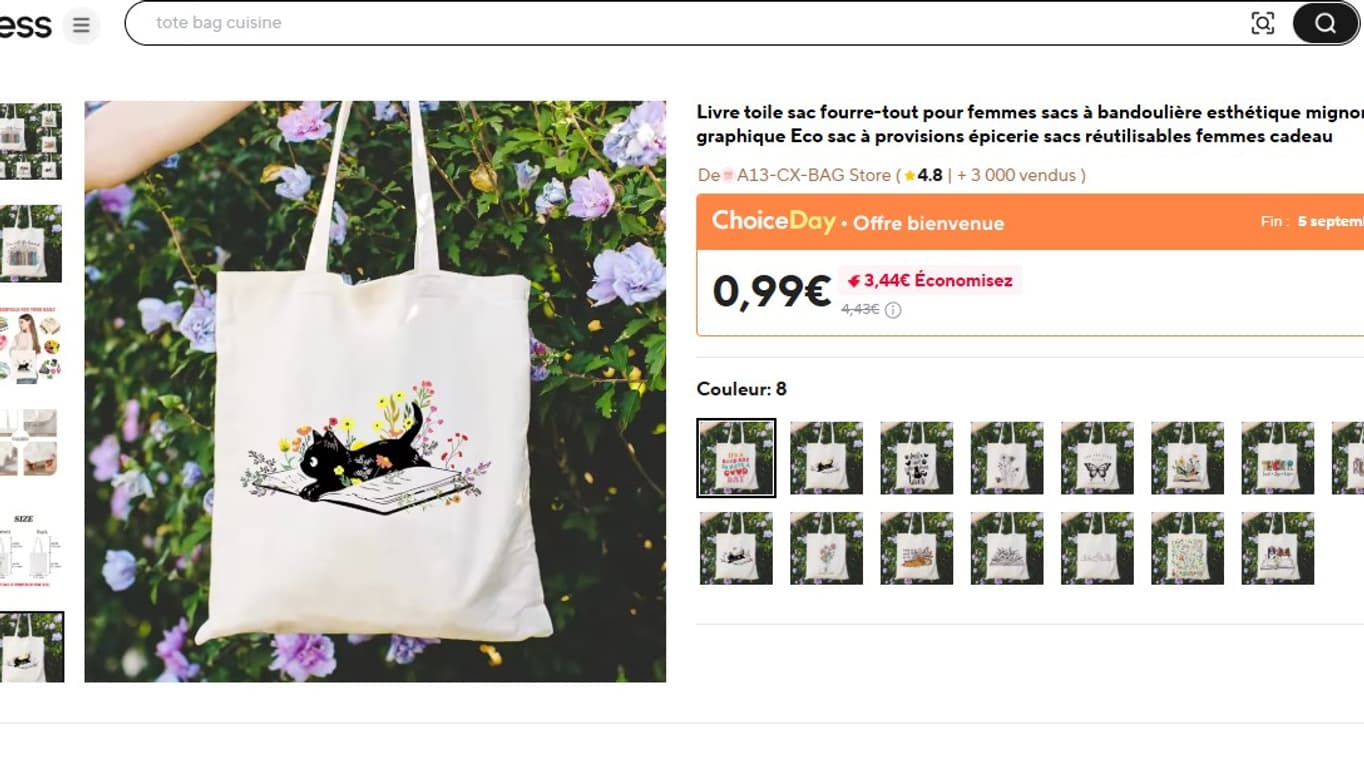 Les mêmes tote bags vendus sur Aliexpress, à moins d'un euro