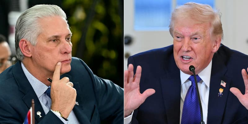 Le président cubain Miguel Diaz-Cane (à gauche) et le président américain Donald Trump lors d'une réunion avec des dirigeants de compagnies pétrolières américaines dans la salle Est de la Maison Blanche à Washington, le 9 janvier 2026.