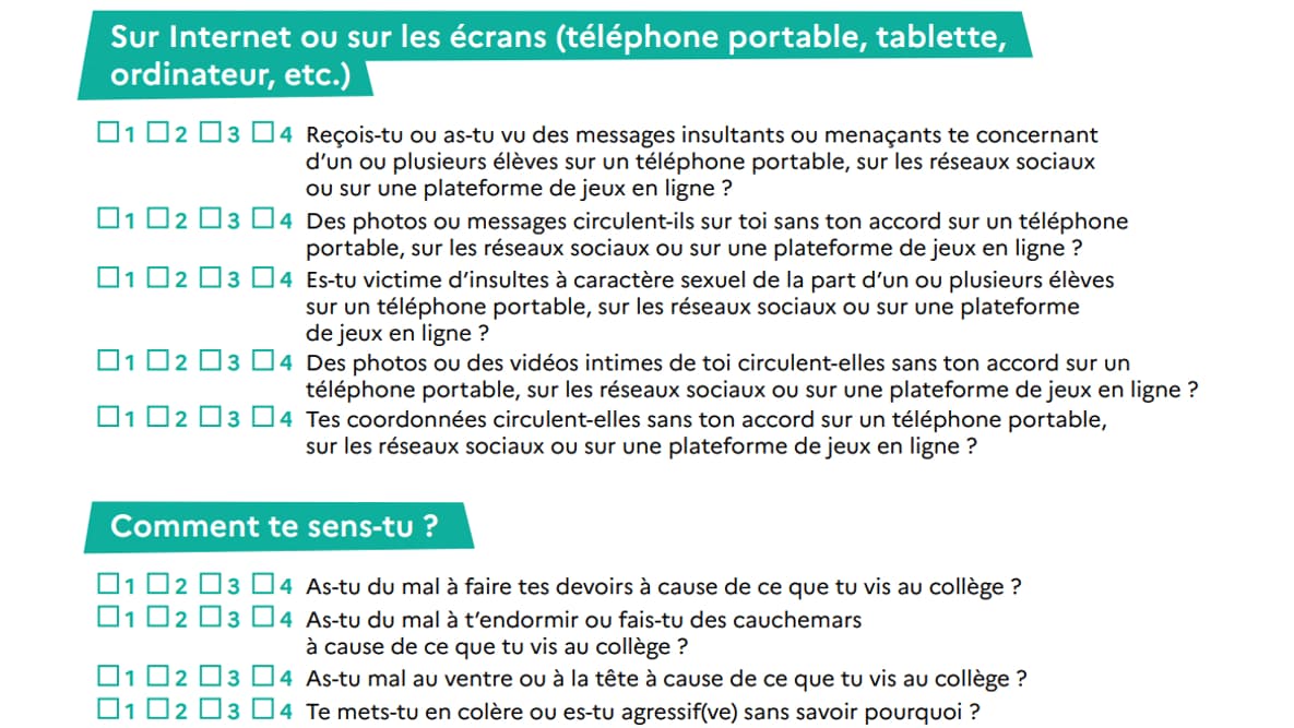 Extrait du questionnaire sur le harcèlement scolaire distribués aux collégiens du 9 au 15 novembre 2023.