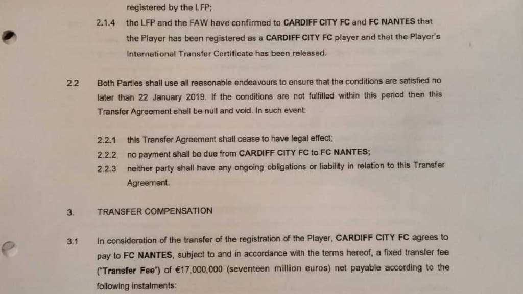 Le contrat de transfert d'Emiliano Sala de Nantes à Cardiff