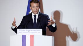 Le Président Emmanuel Macron, lors d'un discours à l'Hôtel de Ville de Paris pour le 500e anniversaire de la réforme protestante, le 22 septembre 2017. 