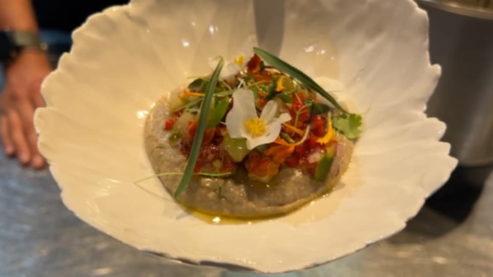 Houmous de haricots et sauce vierge au piment de Bresse, par le chef Jérémy Galvan Houmous de haricots et sauce vierge au piment de Bresse, par le chef Jérémy Galvan