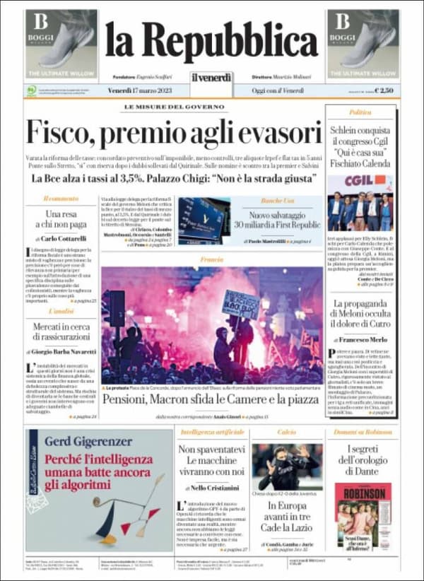 The front page of La Repubblica of March 17, 2023 