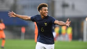 La joie de Désiré Doué, buteur avec l'équipe de France U23 face à la Côte d'Ivoire le 22 mars 2024