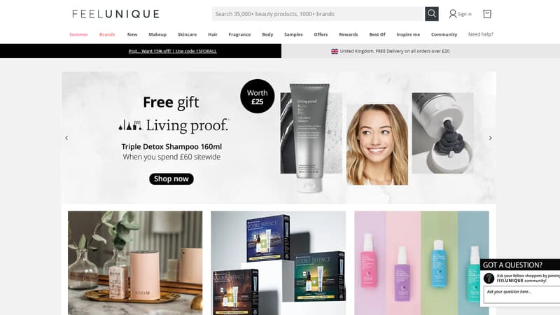 La page d'accueil de Feelunique, spécialiste britannique de la vente en ligne de produits de beauté,
