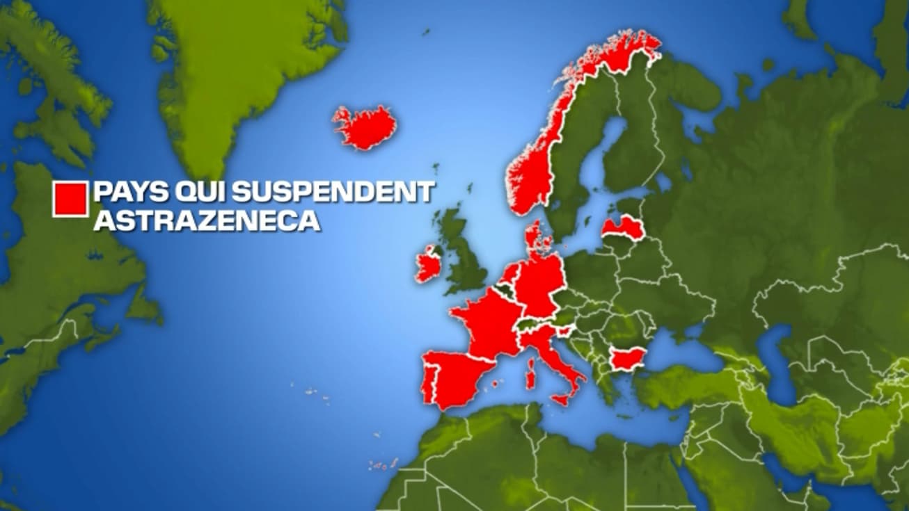 Carte des pays ayant suspendu la vaccination avec le vaccin AstraZeneca au 16 mars Carte des pays ayant suspendu la vaccination avec le vaccin AstraZeneca au 16 mars