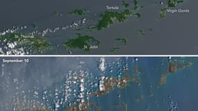 Vue satellite des Îles Vierges, avant et après le passage de l'ouragan Irma.