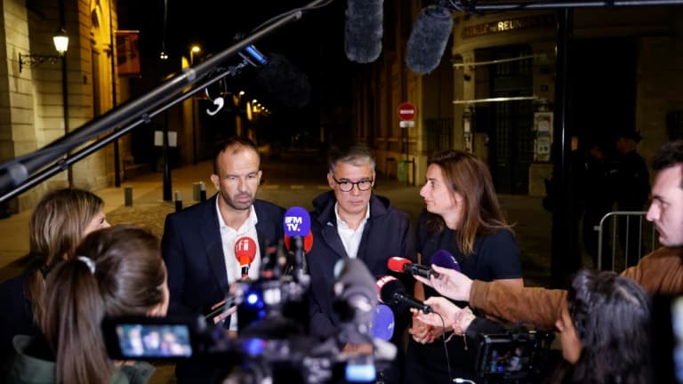 Manuel Bompard (gauche), Olivier Faure (centre) et Marine Tondelier le 31 août 2023 après les "Rencontres de Saint-Denis", à Saint-Denis