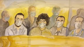 Ayoub El Khazzani, Mohamed Bakkali, Bilal Chatra et Redouane El Amrani Ezzerrifi au procès de l'attaque du Thalys, le 16 novembre 2020 à Paris.