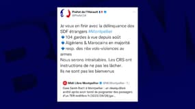 Le tweet du préfet de l'Hérault, supprimé deux heures après sa publication. 