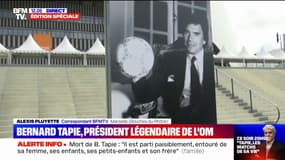 Mort de Bernard Tapie: un portrait de l'homme d'affaires installé en hommage devant le Vélodrome à Marseille