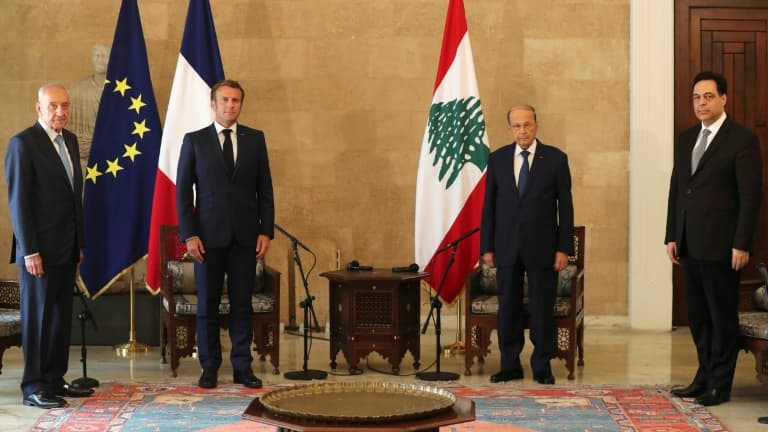Rencontre du président français Emmanuel Macron avec le président libanais Michel Aoun le 6 août 2020 à Beyrouth