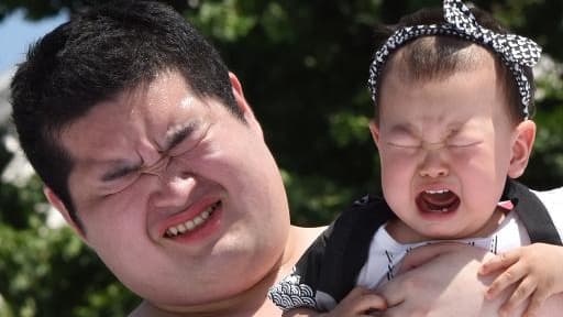 Une centaine de bambins s'affrontent sur un tapis de sumo au Japon, à coup de cris et de pleurs au cours d'une compétition annuelle de bébés sumo, le 30 mai 2015