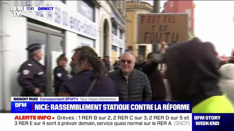 Nice: les manifestants contre la réforme des retraites protestent devant la permanence du député Les Républicains, Éric Ciotti