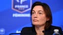 La sélectionneuse de l'équipe de France, Corinne Diacre, annonce lors d'une conférence de presse, le 9 février 2021 à Paris, la liste des joueuses retenues pour les matchs amicaux contre l'Islande, le 17 février, et la Suisse, le 20 février