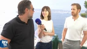 Russell Crowe et Ryan Gosling au micro de Candice Mahout à Cannes le 14 mai 2016