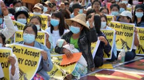 Une manifestation à Naypyidaw, la capitale de la Birmanie, ce 14 février 2021.