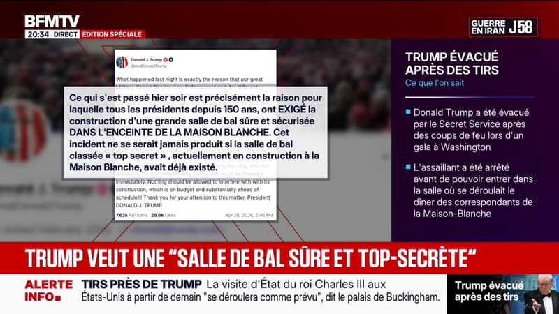 Tirs près de Donald Trump: sur ses réseaux sociaux, le président américain "exige la construction d'une grande salle de bal sûre et sécurisée dans l'enceinte de la Maison Blanche"